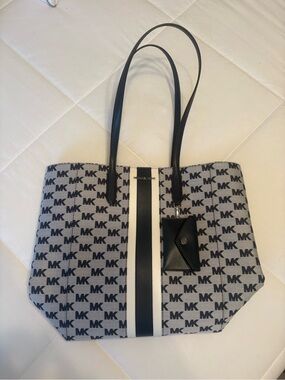 Michael Kors Navy Blue and White MK Logo Stripe Tote